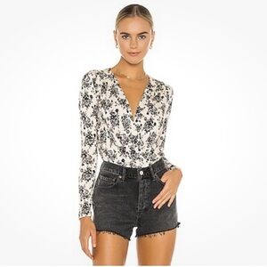 Free People printed turnt long-sleeve bodysuit in ecru combo size small